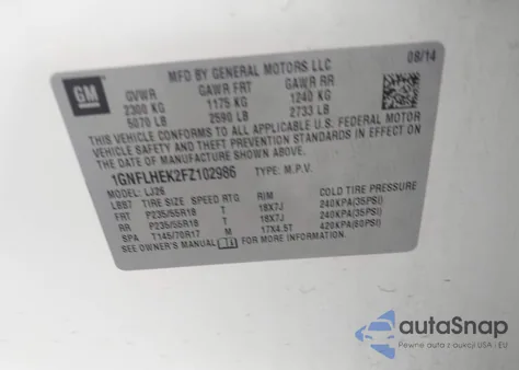 2015 Chevrolet Equinox Ltz из США, поврежденный, VIN 1GNFLHEK2FZ102986